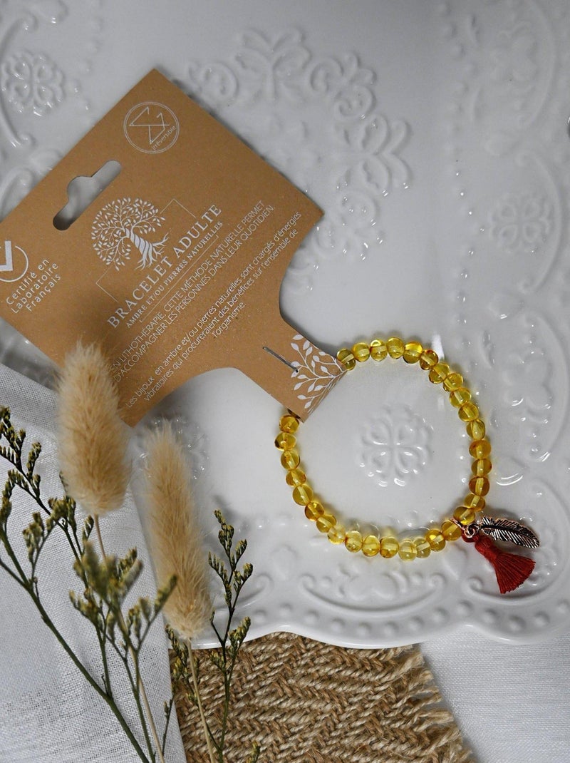 Bracelet adulte - Ambre Honey, pompon rouille et plume or rose Jaune - Kiabi