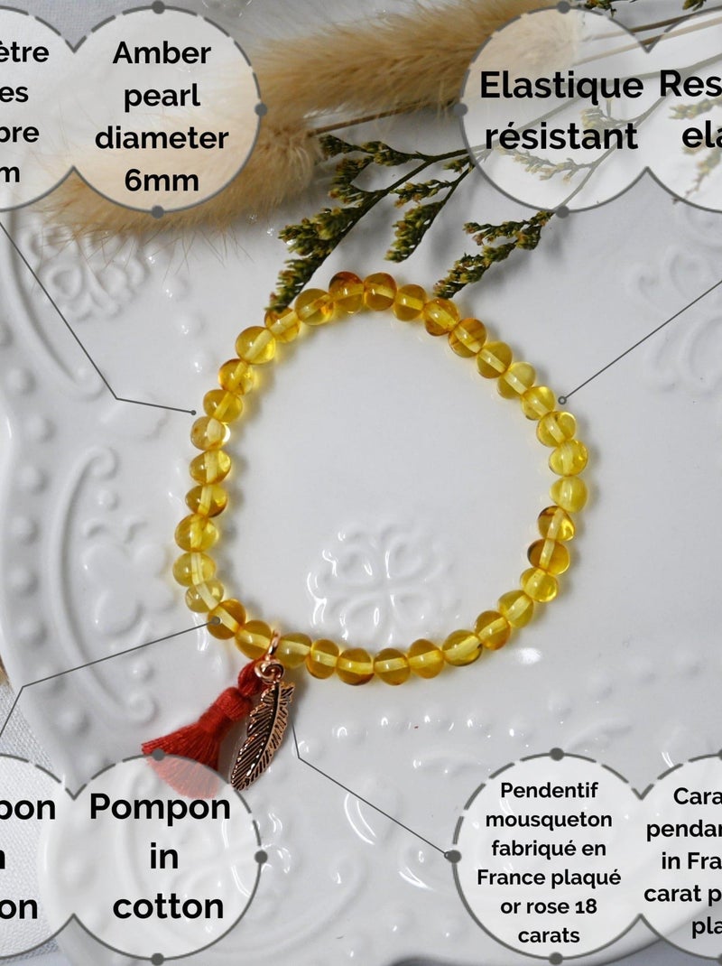 Bracelet adulte - Ambre Honey, pompon rouille et plume or rose Jaune - Kiabi