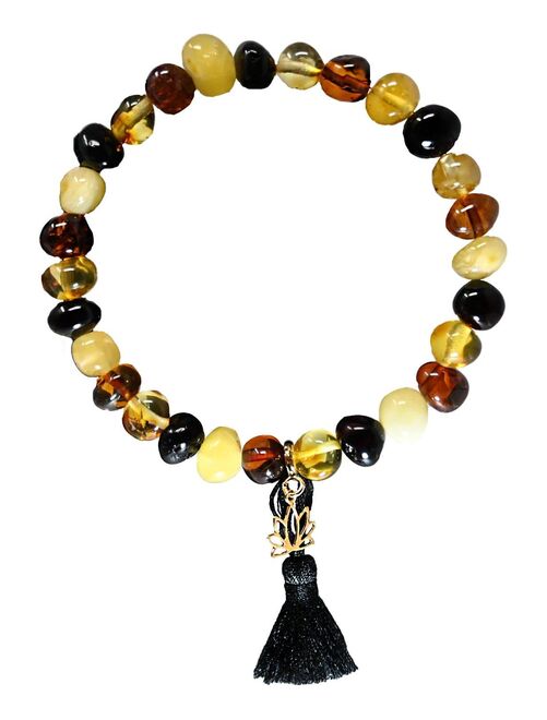 Bracelet adulte - Ambre multicolore, pompon noir et lotus or - Kiabi