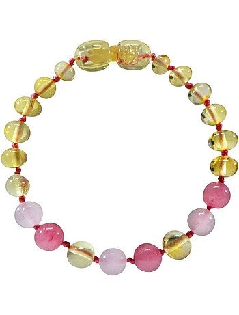 Bracelet bébé - Ambre et pierres naturelles - Ambre Lemon / Quartz rose / Calcédoine