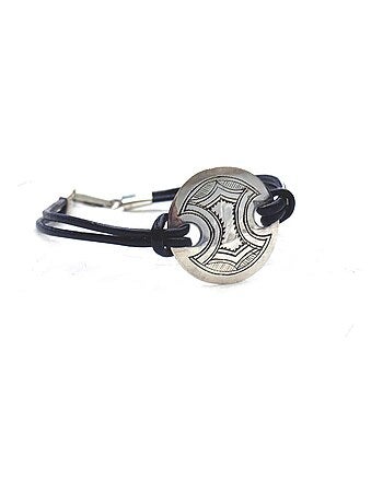 Bracelet cuir et plaque ronde en argent grave motifs berbères, Bijoucolor