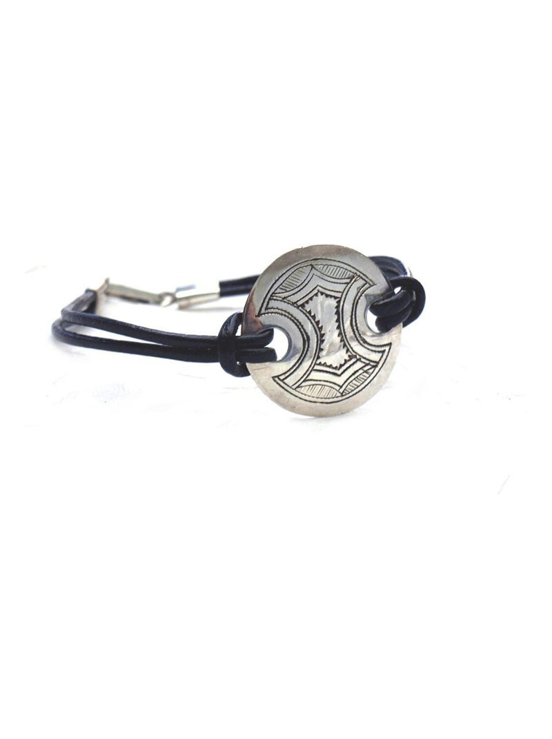 Bracelet cuir et plaque ronde en argent grave motifs berbères, Bijoucolor Argent - Kiabi