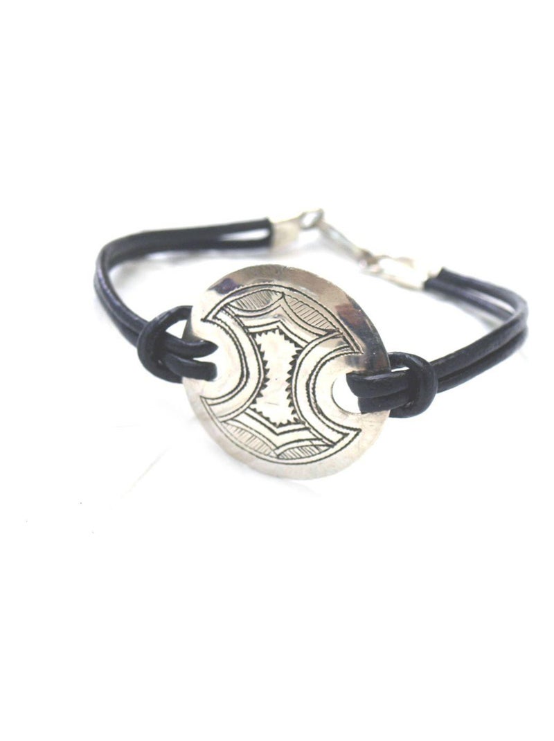 Bracelet cuir et plaque ronde en argent grave motifs berbères, Bijoucolor Argent - Kiabi
