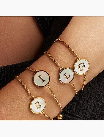 Bracelet en nacre blanche fini en or jaune 18K - Lettre de l’alphabet I