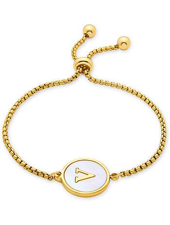 Bracelet en nacre blanche fini en or jaune 18K - Lettre V de l’alphabet