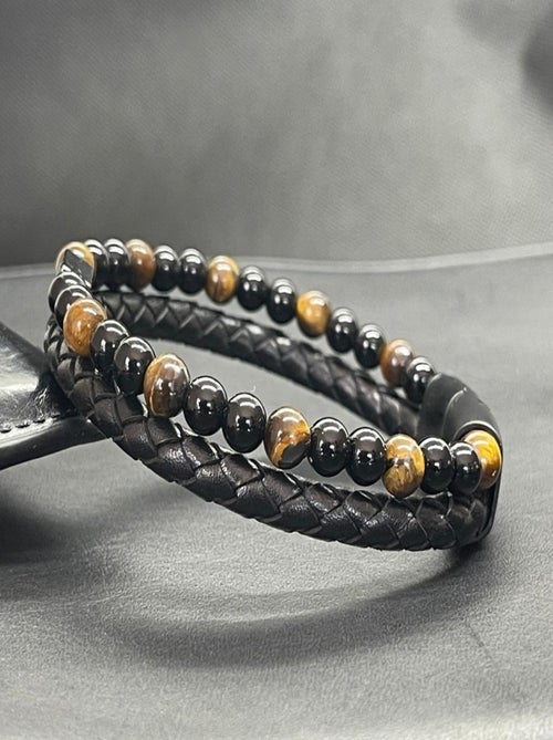 Bracelet en oeil de tigre et obsidienne - Kiabi