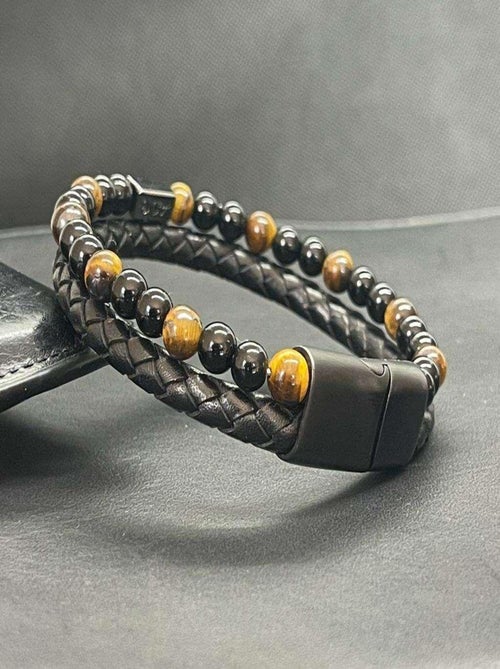 Bracelet en oeil de tigre et obsidienne - Kiabi