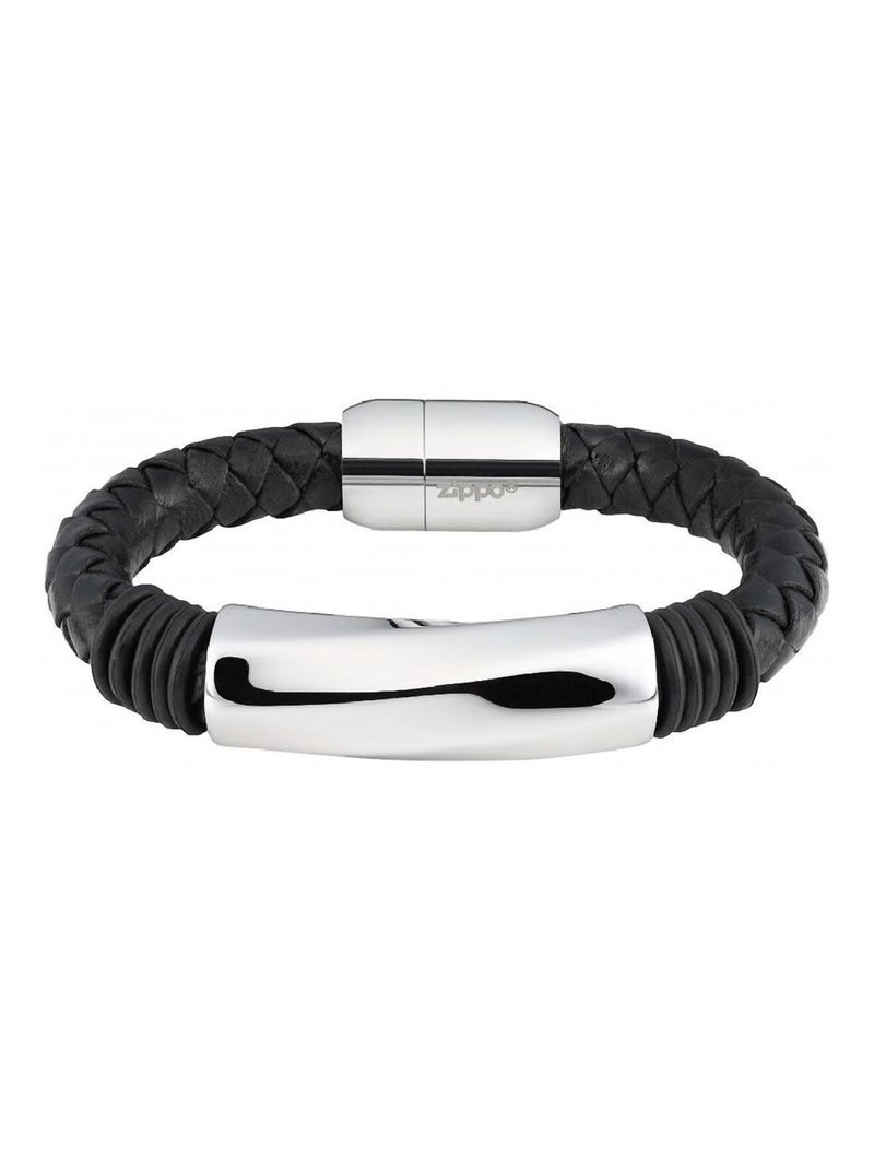 Bracelet Zippo en cuir noir et acier inoxydable Noir - Kiabi