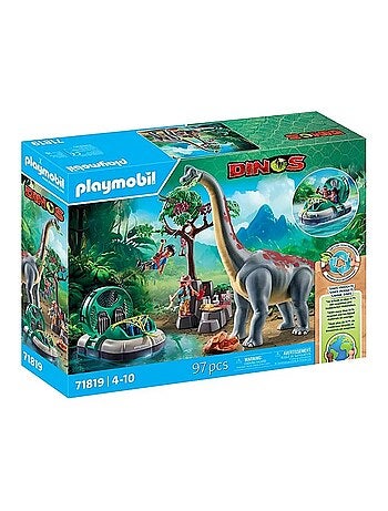 Brachiosaure avec explorateurs et aéroglisseur