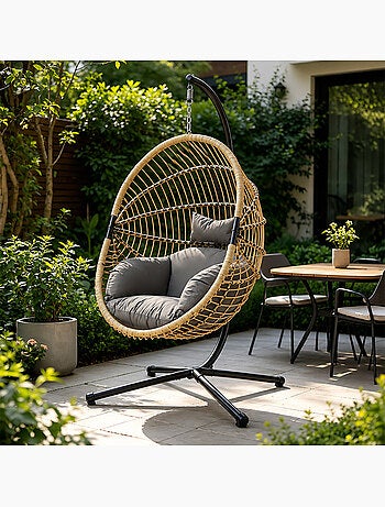 BRASILIA Fauteuil suspendu effet rotin avec coussin gris
