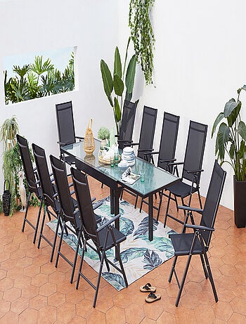BRESCIA Table de jardin extensible 10 fauteuils en alu et toile PVC