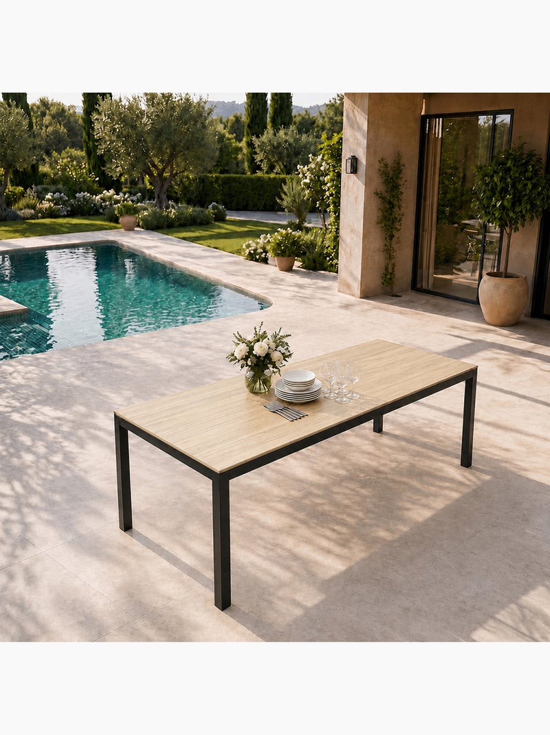 BRISBANE Table de jardin 190cm 8 personnes avec plateau en verre trempé effet bois Marron - Kiabi