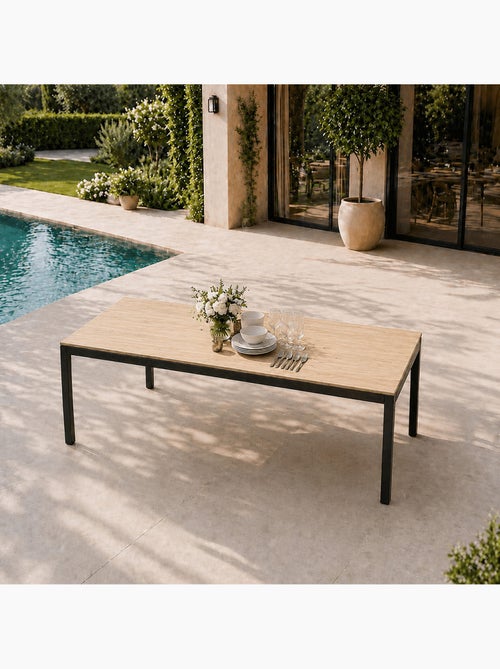 BRISBANE Table de jardin 190cm 8 personnes avec plateau en verre trempé effet bois - Kiabi BRISBANE Table de jardin 190cm 8 personnes avec plateau en verre trempé effet bois - Kiabi