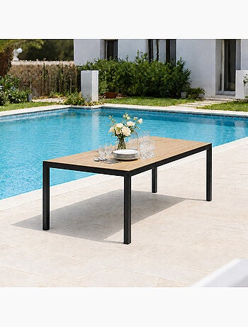 BRISBANE Table de jardin 240cm 10 personnes avec plateau en verre trempé effet bois