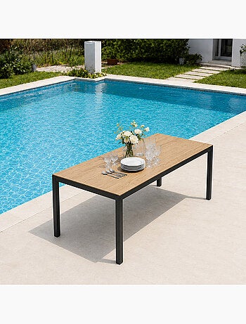 BRISBANE Table de jardin 240cm 10 personnes avec plateau en verre trempé effet bois