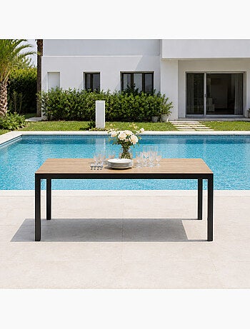 BRISBANE Table de jardin 240cm 10 personnes avec plateau en verre trempé effet bois
