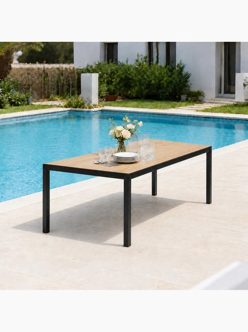BRISBANE Table de jardin 240cm 10 personnes avec plateau en verre trempé effet bois - Kiabi BRISBANE Table de jardin 240cm 10 personnes avec plateau en verre trempé effet bois - Kiabi