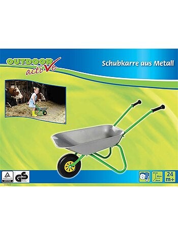 Brouette en métal, argent et vert