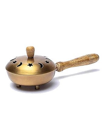 Brûle-encens avec poignée en laiton et bois de manguier Lune