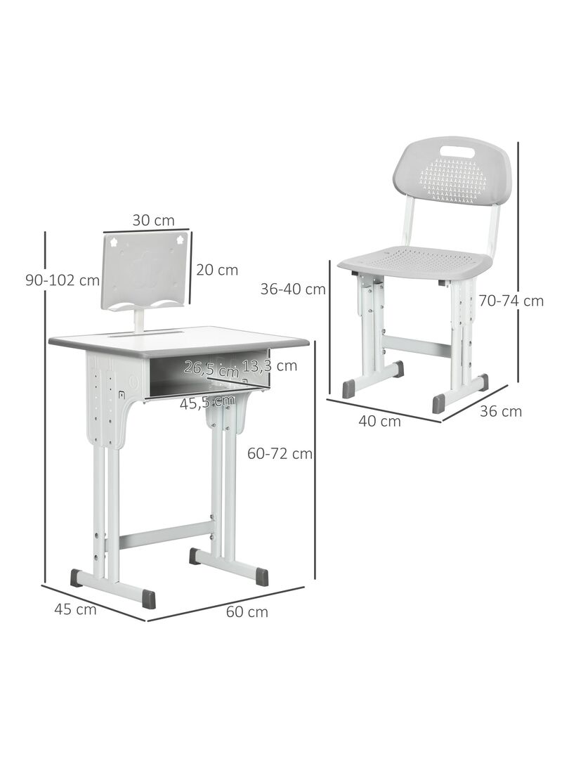 Bureau Enfant HOMCOM Avec Chaise Réglable - Lampe LED, Range-Crayons, Gris/Blanc, 70x50x105cm