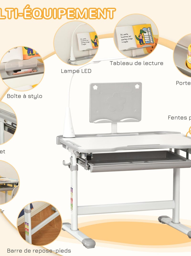 Bureau enfant avec chaise réglables lampe et support inclus Gris - Kiabi