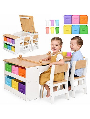 Bureau enfant bois 2 chaises plateau relevable 110x60cm rouleau papier mamabrum