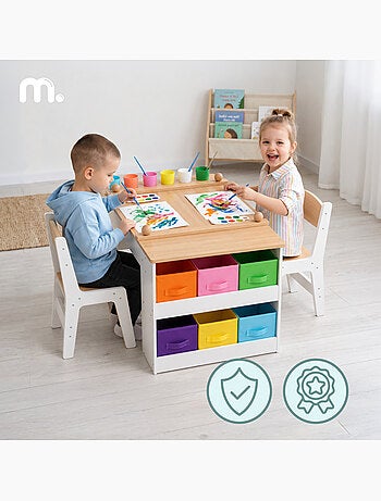 Bureau enfant bois 2 chaises plateau relevable 110x60cm rouleau papier mamabrum