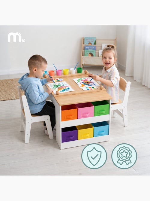 Bureau enfant bois 2 chaises plateau relevable 110x60cm rouleau papier mamabrum - Kiabi Bureau enfant bois 2 chaises plateau relevable 110x60cm rouleau papier mamabrum - Kiabi