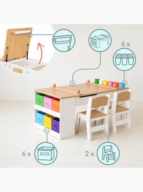 Bureau enfant bois 2 chaises plateau relevable 110x60cm rouleau papier mamabrum - Kiabi Bureau enfant bois 2 chaises plateau relevable 110x60cm rouleau papier mamabrum - Kiabi