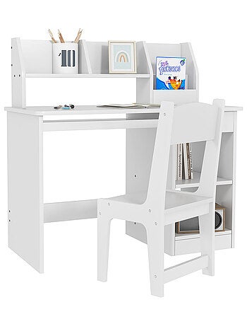 Bureau enfant multi-rangement - ensemble bureau, chaise, étagère - blanc
