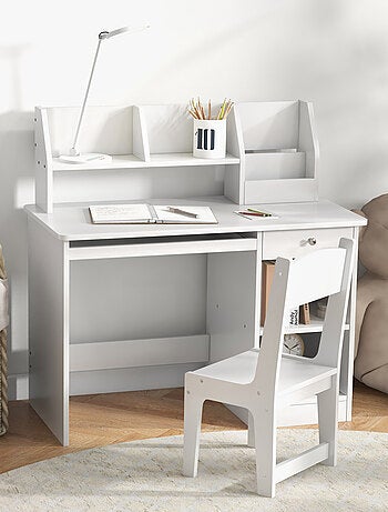 Bureau enfant multi-rangement - ensemble bureau, chaise, étagère - blanc