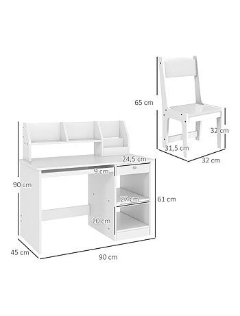 Bureau enfant multi-rangement - ensemble bureau, chaise, étagère - blanc