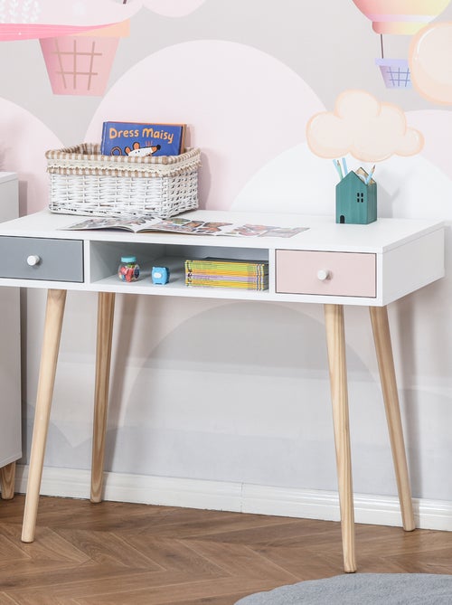 Bureau enfant style scandinave 2 tiroirs blanc MDF et pin - Kiabi