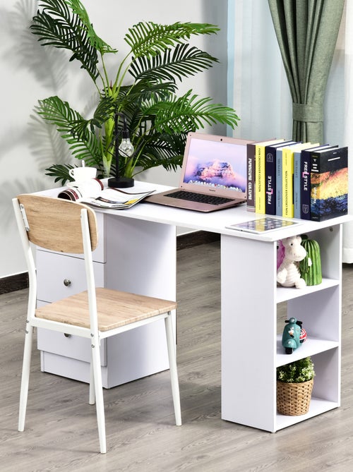 Bureau multimédia 3 tiroirs 2 étagères blanc - Kiabi
