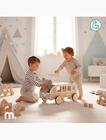 Bus porteur bois porteur enfant coffre jouets mamabrum