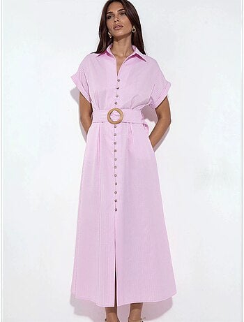 Busem robe chemise midi à rayures avec col en v et ceinture