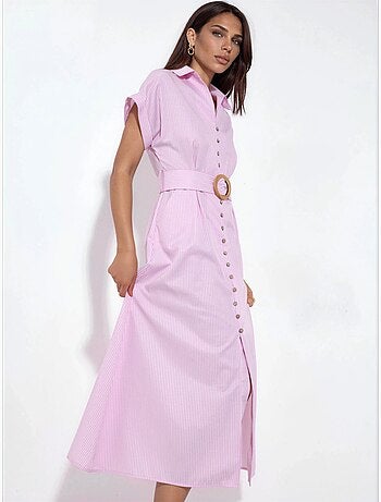 Busem robe chemise midi à rayures avec col en v et ceinture