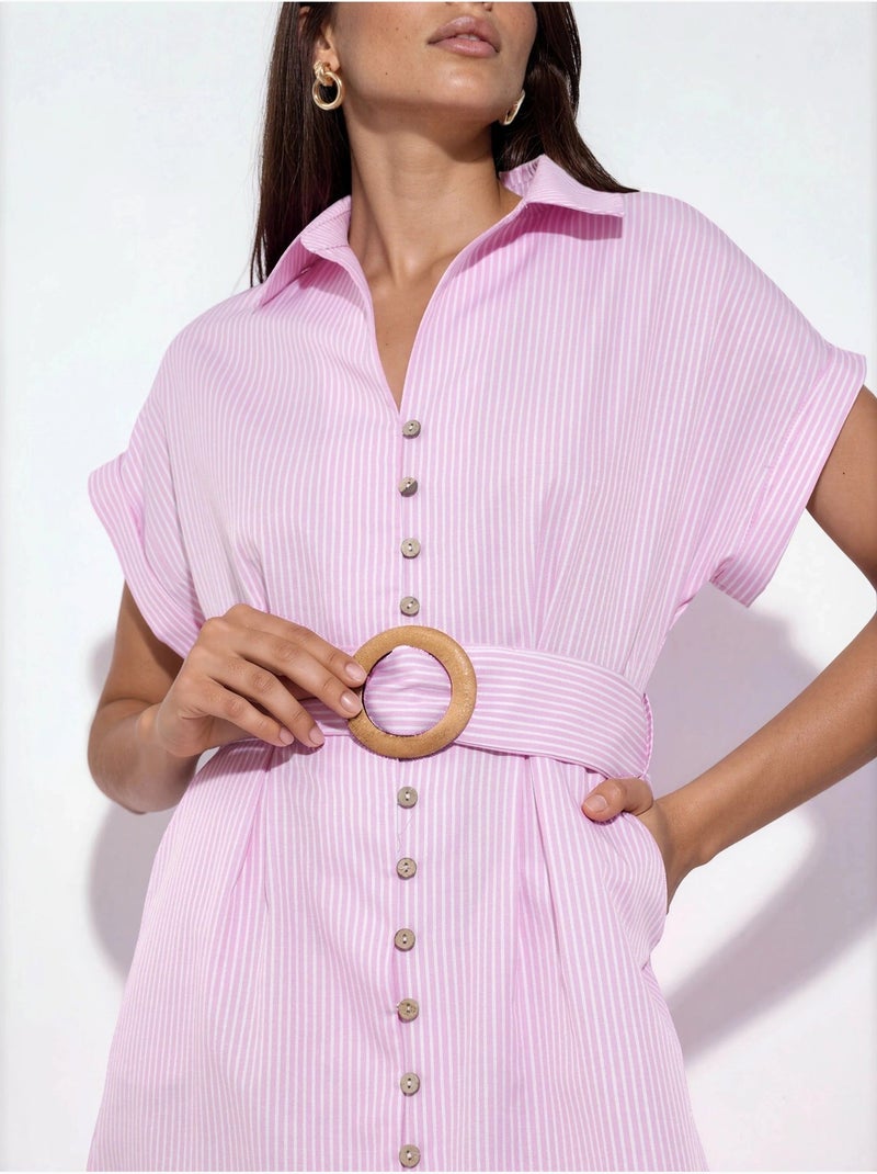 Busem robe chemise midi à rayures avec col en v et ceinture Rose pâle - Kiabi