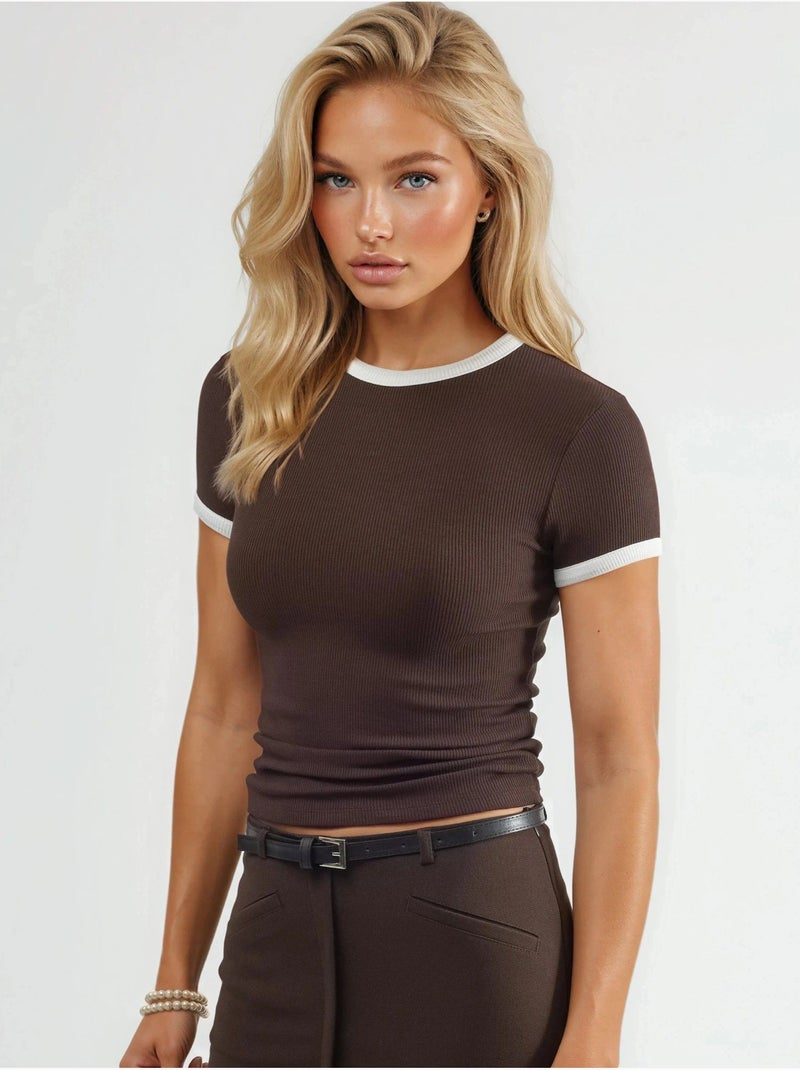 Busem t-shirt côtelé à manches courtes et col rond Marron chocolat - Kiabi