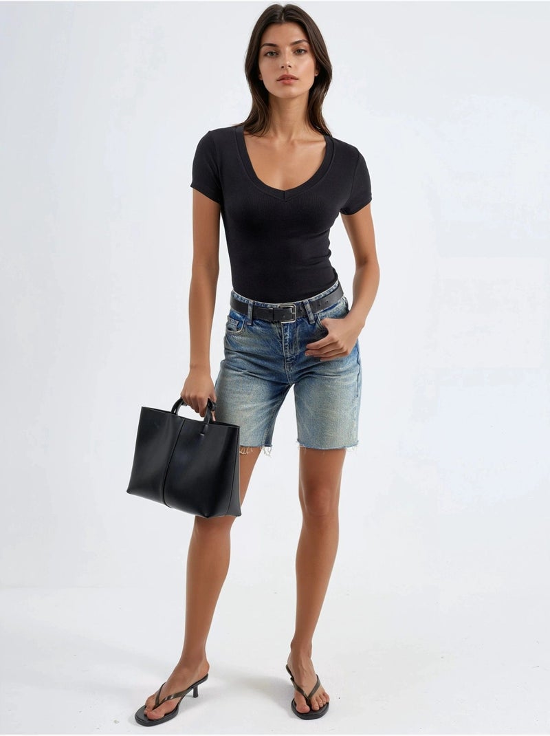 Busem t-shirt élastique à manches courtes avec col en v Noir - Kiabi