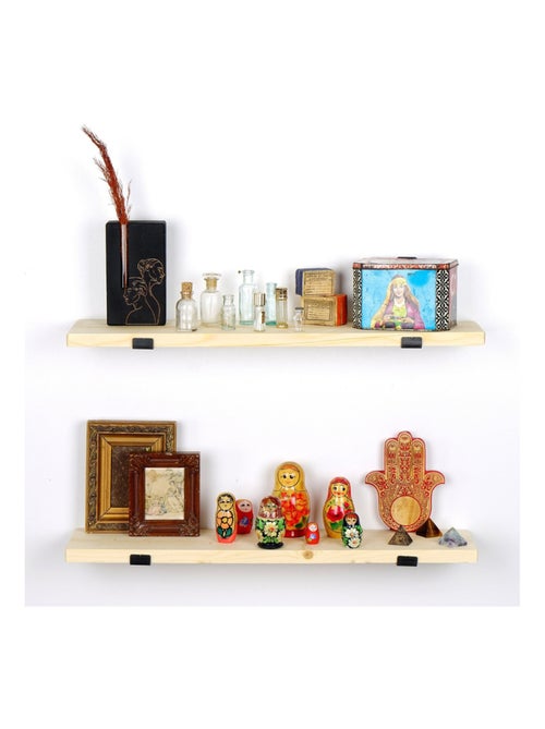 BUSSA Étagère murale en bois d'épicéa et métal - 2 rangements - bois et noir - Kiabi BUSSA Étagère murale en bois d'épicéa et métal - 2 rangements - bois et noir - Kiabi