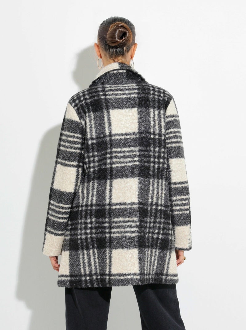 Caban carreaux long façon laine bouclée - Afibel Noir Ecru - Kiabi