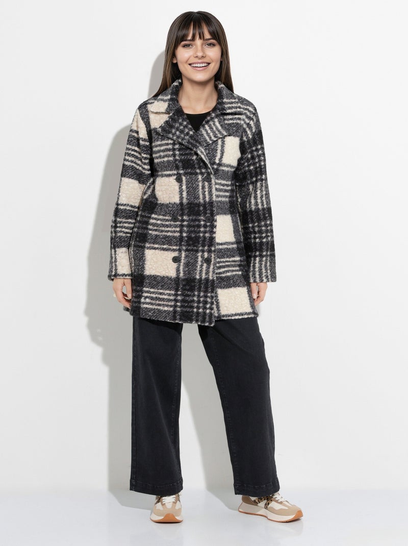 Caban carreaux long façon laine bouclée - Afibel Noir Ecru - Kiabi