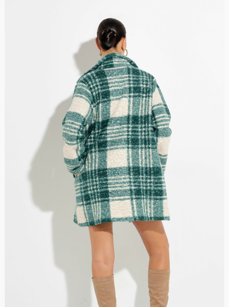Caban carreaux long façon laine bouclée - Afibel Vert - Kiabi