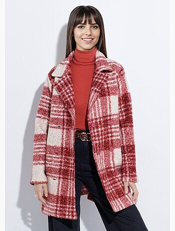 Caban carreaux long façon laine bouclée
