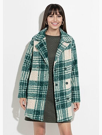 Caban carreaux long façon laine bouclée
