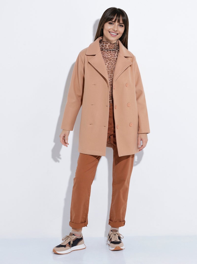 Caban long uni façon drap de laine - Afibel Camel - Kiabi