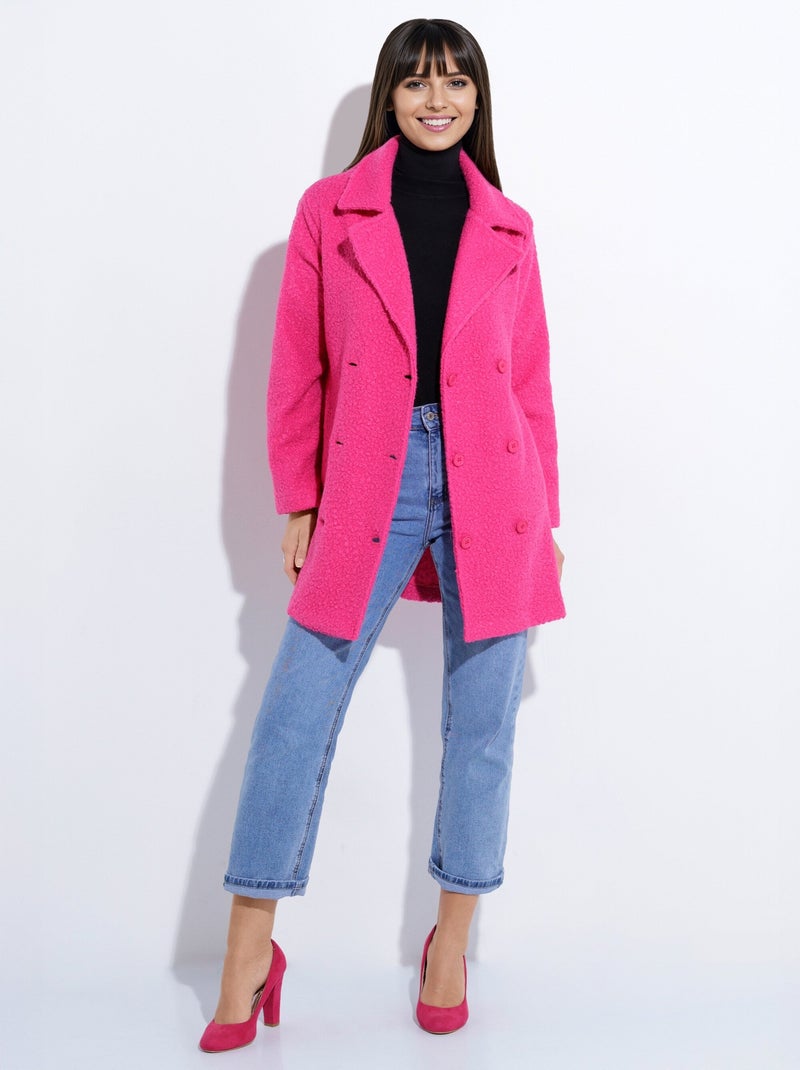 Caban long uni façon laine bouclée - Afibel Rose fushia - Kiabi