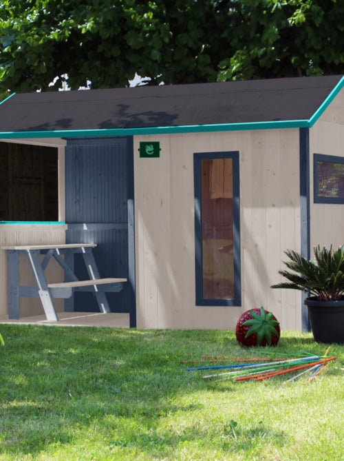 Cabane en bois avec pergola et plancher - Kiabi