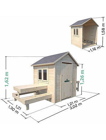 Cabane en bois enfant cuisine et table BLANCHE